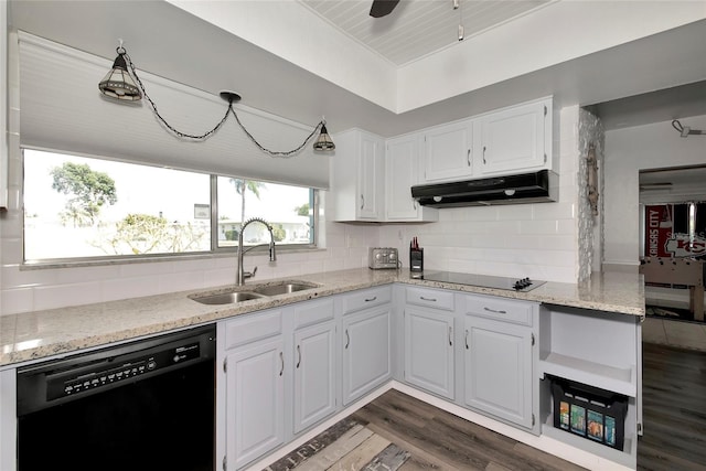 kitchen with black appliances, white cabinets, sink, backsplash, and dark hardwood / wood-style floors