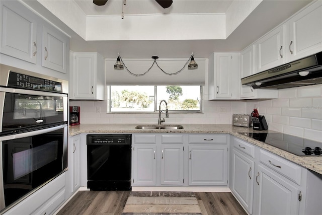 kitchen featuring black appliances, white cabinets, dark hardwood / wood-style floors, and sink