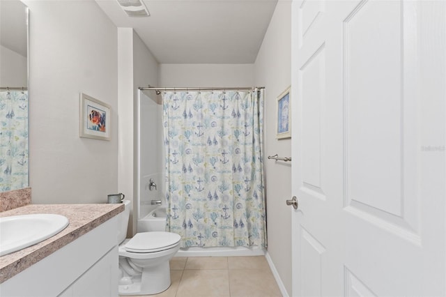 full bathroom with vanity, toilet, shower / bathtub combination with curtain, and tile patterned flooring