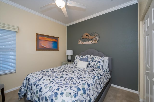 bedroom featuring ceiling fan, ornamental molding, and light carpet