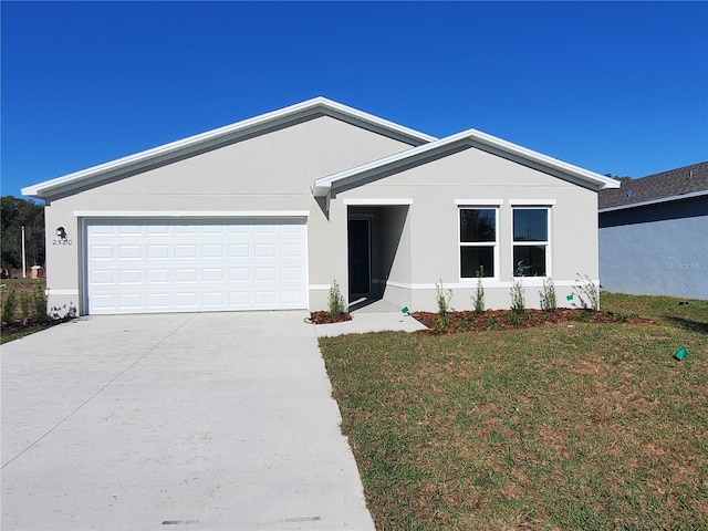 ranch-style home featuring stucco siding, a front lawn, concrete driveway, and an attached garage