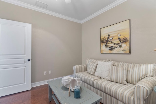 living room featuring crown molding and dark wood-type flooring