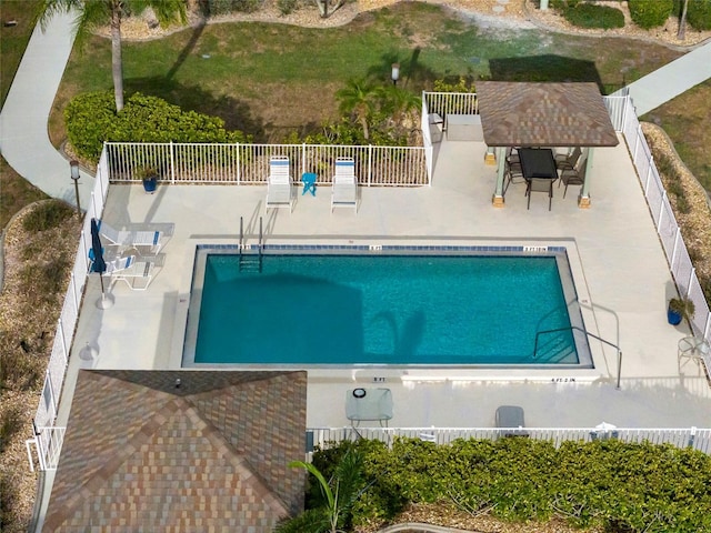 view of swimming pool featuring a gazebo and a patio area