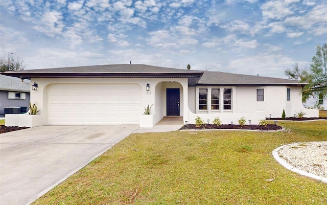 ranch-style home with a garage, a front lawn, and central AC unit