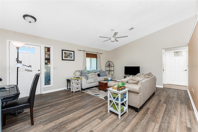 living room with vaulted ceiling, dark hardwood / wood-style floors, and ceiling fan