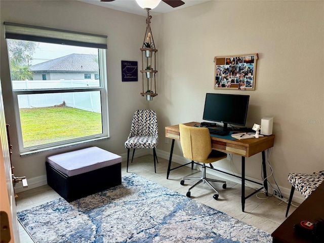 home office featuring ceiling fan and plenty of natural light