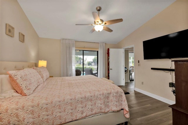 bedroom featuring ceiling fan, lofted ceiling, dark hardwood / wood-style flooring, and access to outside