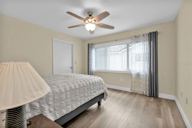 bedroom featuring light hardwood / wood-style floors and ceiling fan