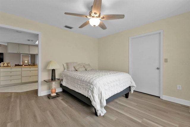 bedroom with light wood-type flooring and ceiling fan