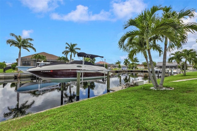 dock area featuring a water view and a yard