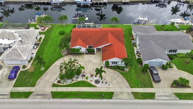 aerial view featuring a water view