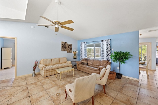 tiled living room with ceiling fan and lofted ceiling