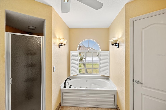 bathroom with independent shower and bath, a textured ceiling, tile patterned flooring, and ceiling fan