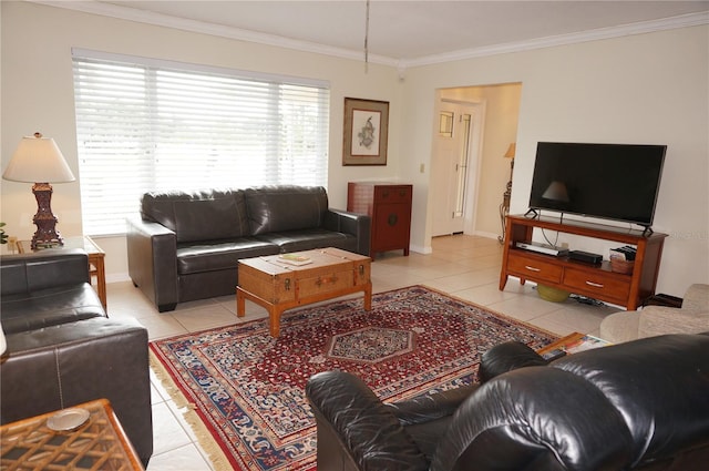 tiled living room with crown molding and plenty of natural light