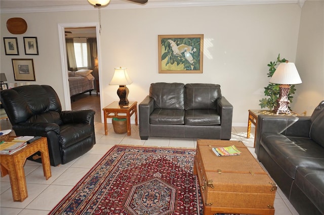 tiled living room featuring ornamental molding