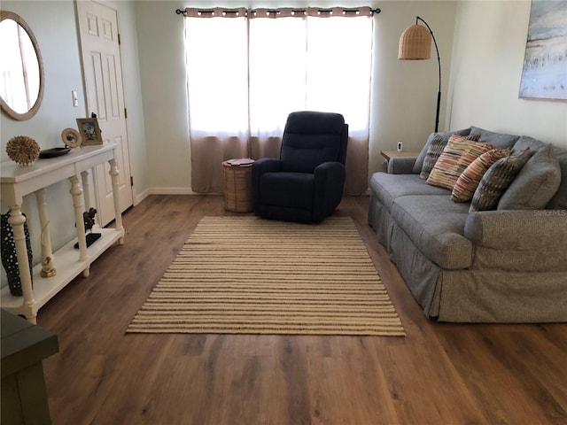 living room with dark hardwood / wood-style flooring