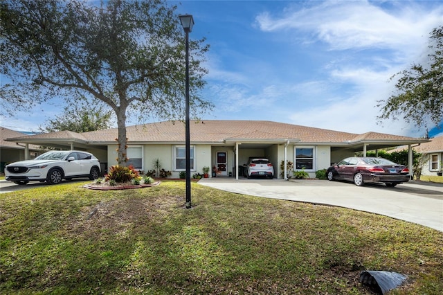 ranch-style home with a carport and a front lawn