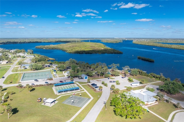 drone / aerial view with a water view