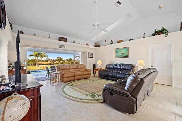 living room featuring high vaulted ceiling and ceiling fan