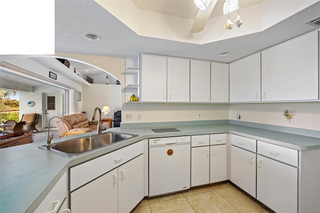 kitchen with white cabinetry, sink, dishwasher, and ceiling fan