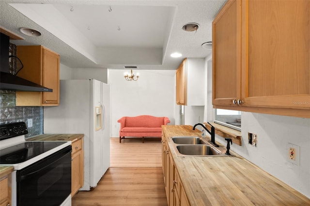 kitchen with electric stove, wall chimney range hood, sink, backsplash, and a tray ceiling