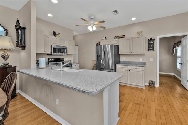 kitchen with stainless steel appliances, white cabinetry, and kitchen peninsula