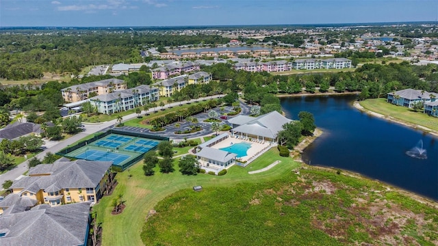 drone / aerial view with a water view