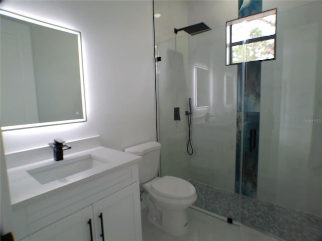 bathroom with vanity, a shower with door, and toilet