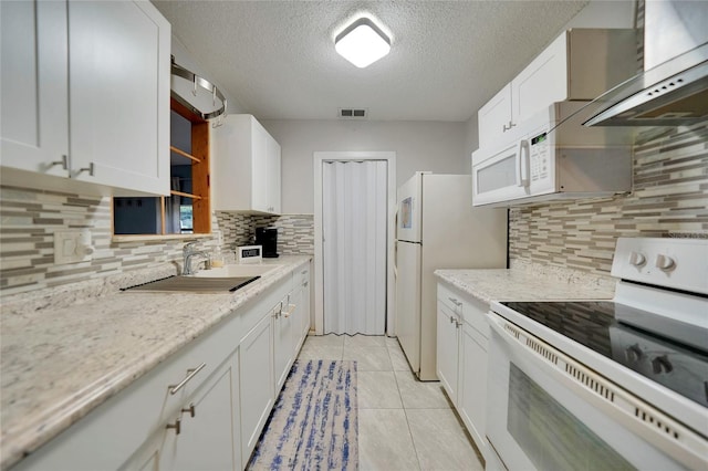 kitchen with sink, backsplash, white appliances, wall chimney range hood, and white cabinets