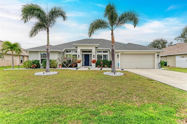 single story home featuring a garage and a front lawn