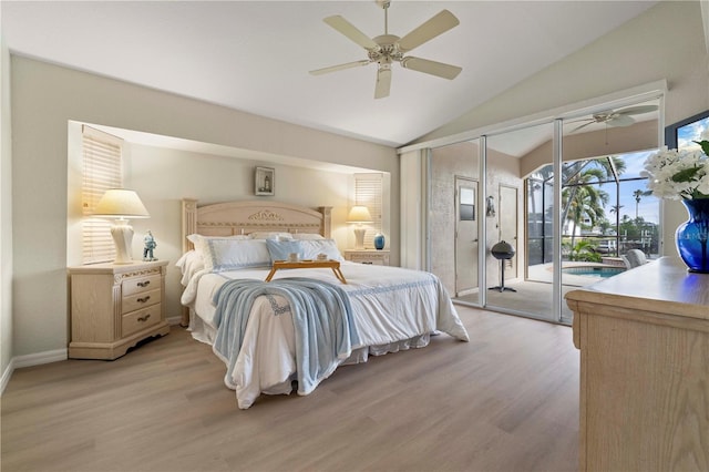 bedroom featuring vaulted ceiling, light wood-type flooring, access to outside, ceiling fan, and multiple windows