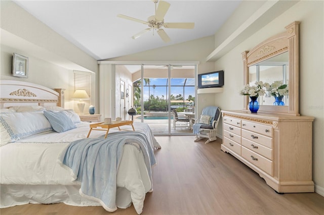 bedroom featuring light hardwood / wood-style floors, vaulted ceiling, ceiling fan, and access to outside