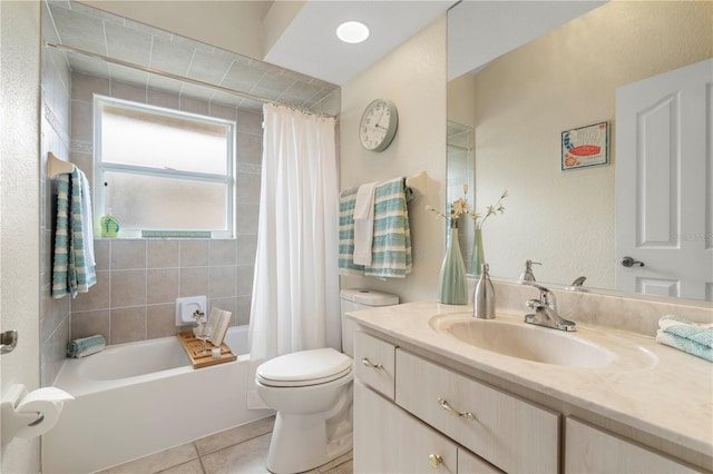 full bathroom with vanity, toilet, shower / tub combo, and tile patterned floors