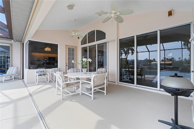 view of patio / terrace featuring ceiling fan, a lanai, and area for grilling