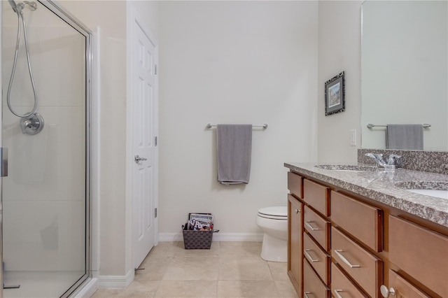 bathroom with walk in shower, toilet, tile patterned floors, and vanity