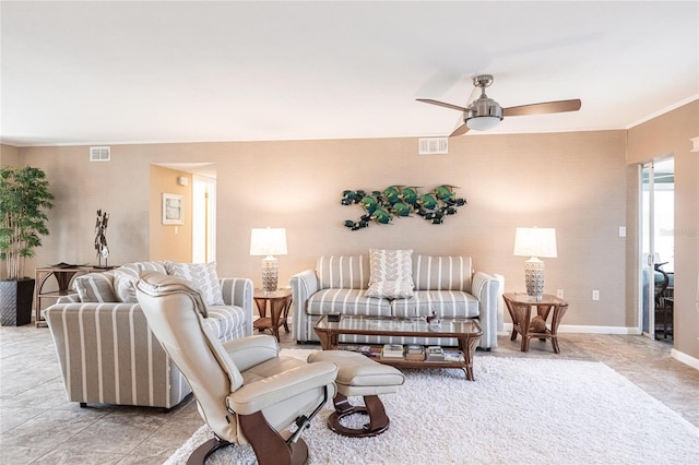 tiled living room featuring ceiling fan