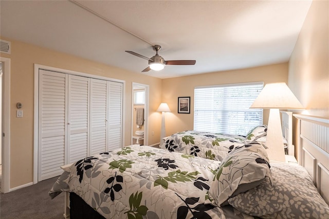 bedroom with carpet flooring, a closet, and ceiling fan