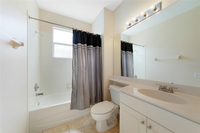 full bathroom with vanity, shower / bathtub combination with curtain, tile patterned floors, and toilet