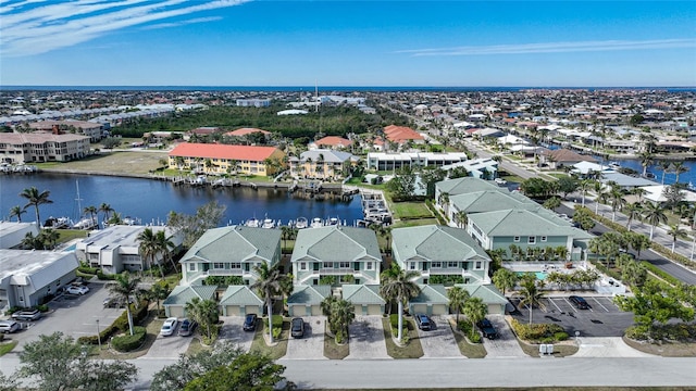 drone / aerial view with a water view