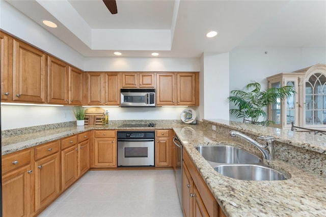 kitchen with sink, a tray ceiling, stainless steel appliances, and light stone countertops