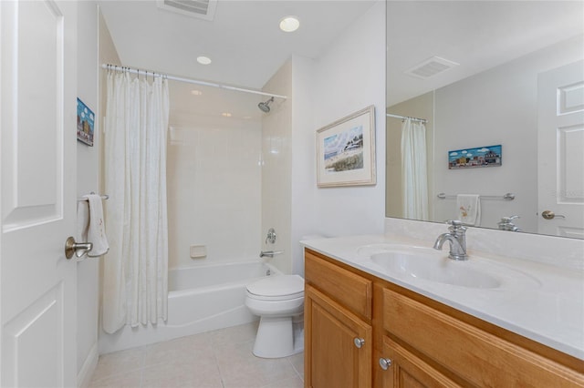 full bathroom with tile patterned flooring, vanity, shower / bathtub combination with curtain, and toilet