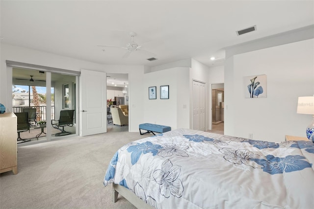 carpeted bedroom with access to outside, a closet, and ceiling fan