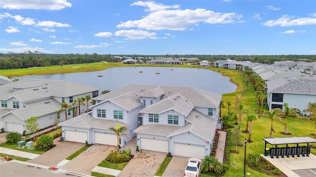 bird's eye view with a water view