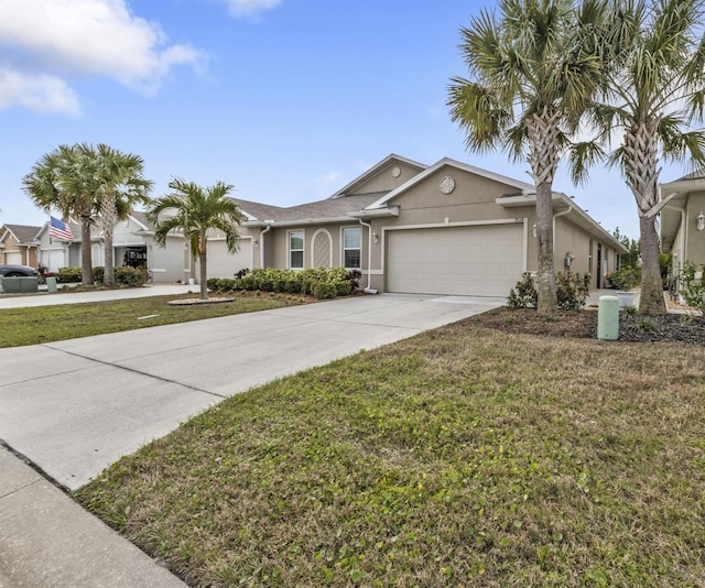 ranch-style home with a garage and a front yard