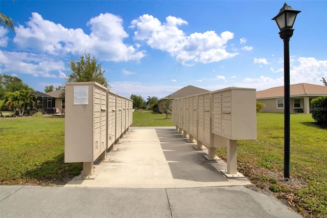 view of home's community with a lawn and a mail area