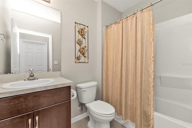 full bathroom featuring vanity, shower / bath combo, and toilet