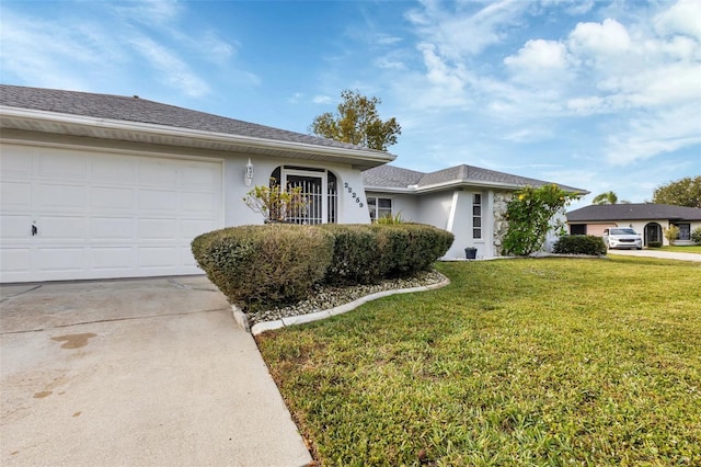 ranch-style house featuring a front yard and a garage