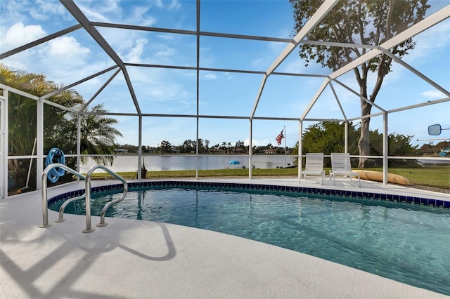 view of pool featuring a lanai, a water view, and a patio