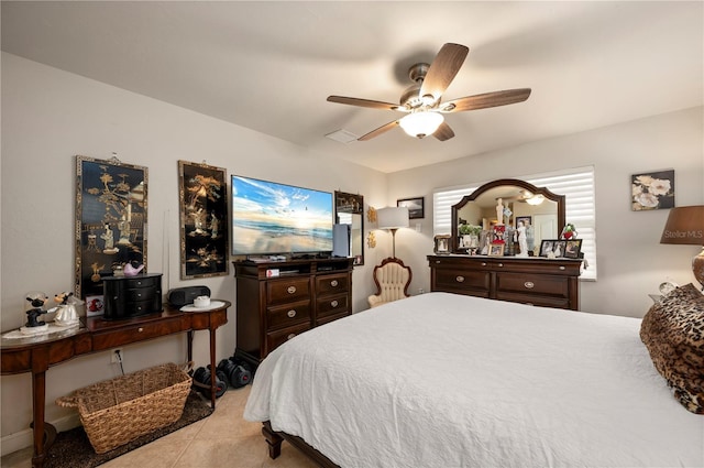 bedroom with light tile patterned flooring and ceiling fan