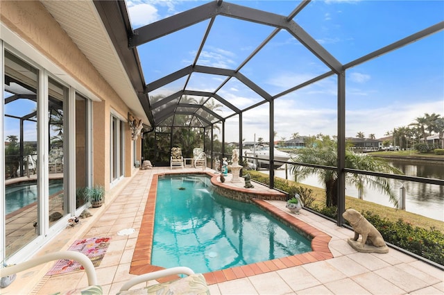 view of swimming pool with a lanai, a water view, and a patio